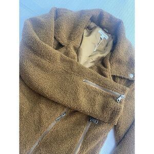 Max Studio Faux Sherpa Moto Zip‎ Jacket Cognac Teddy Bear Size Large